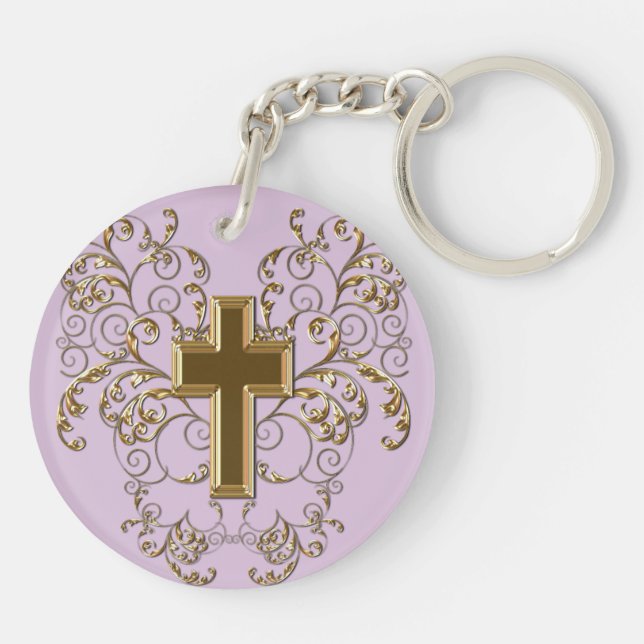 Ornate Scrolls & Cross Keychain, Purple & Gold Key Ring (Back)