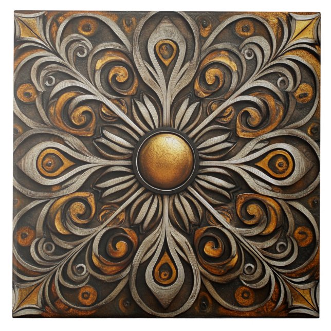 Ornate Scrollwork with Golden Center2 Ceramic Tile (Front)