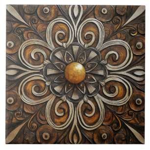 Ornate Scrollwork with Golden Centre 3 Ceramic Tile