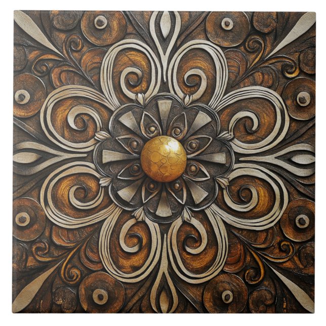 Ornate Scrollwork with Golden Centre 3 Ceramic Tile (Front)
