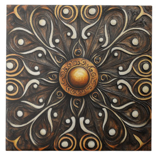 Ornate Scrollwork with Golden Centre 4 Ceramic Tile