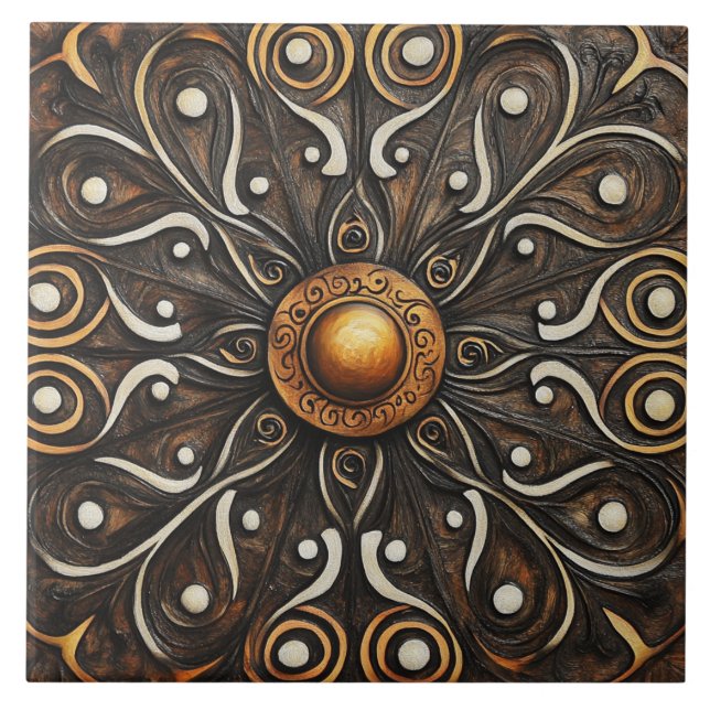 Ornate Scrollwork with Golden Centre 4 Ceramic Tile (Front)