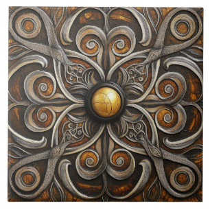 Ornate Scrollwork with Golden Centre Ceramic Tile