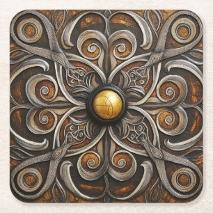 Ornate Scrollwork with Golden Centre Square Paper Coaster