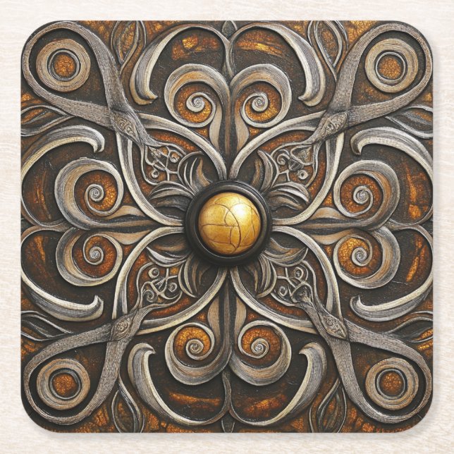 Ornate Scrollwork with Golden Centre Square Paper Coaster (Front)