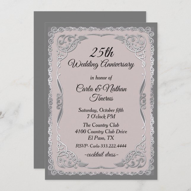 Ornate Silver and Blue Wedding Anniversary Invitation (Front/Back)