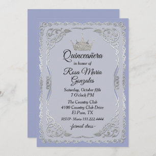 Ornate Silver and Slate Blue Crown Quinceanera Invitation