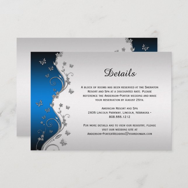 Ornate Silver Butterflies on Blue Gradient Details RSVP Card (Front/Back)