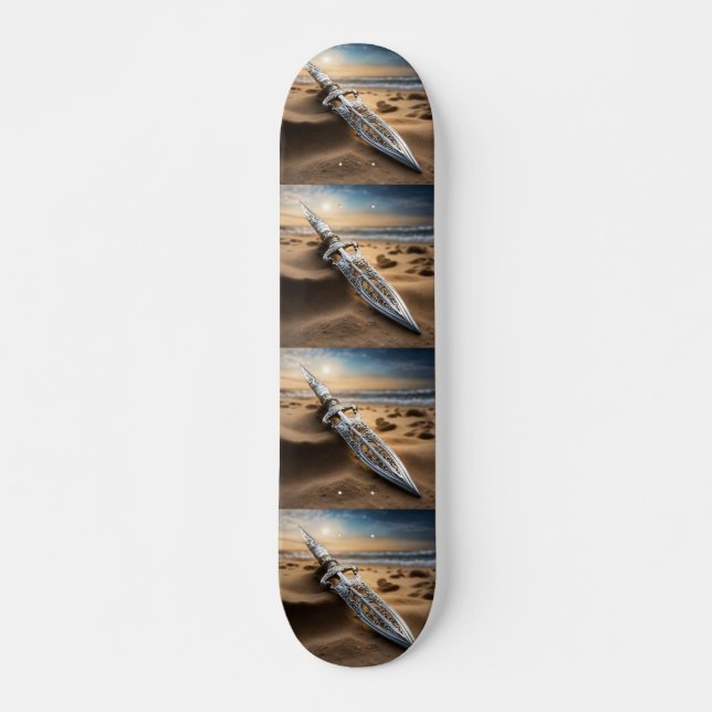 Ornate Silver Dagger on Beach at Sunset – Fantasy  Skateboard (Front)
