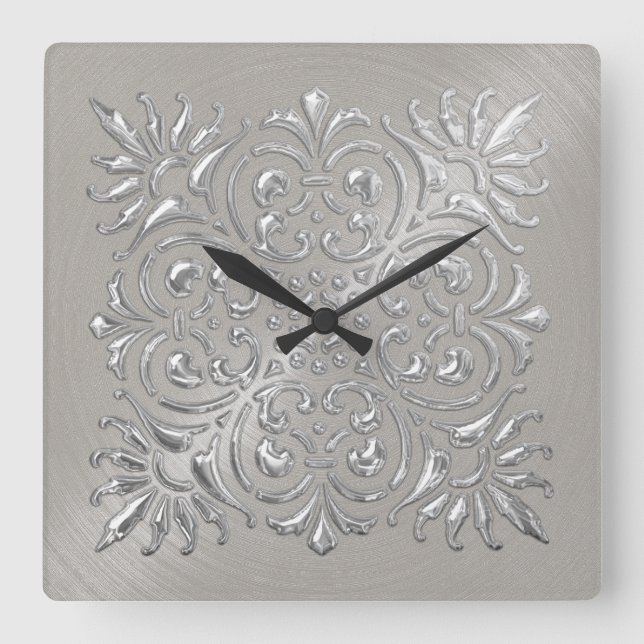 Ornate Silver Embossed Look Square Wall Clock (Front)