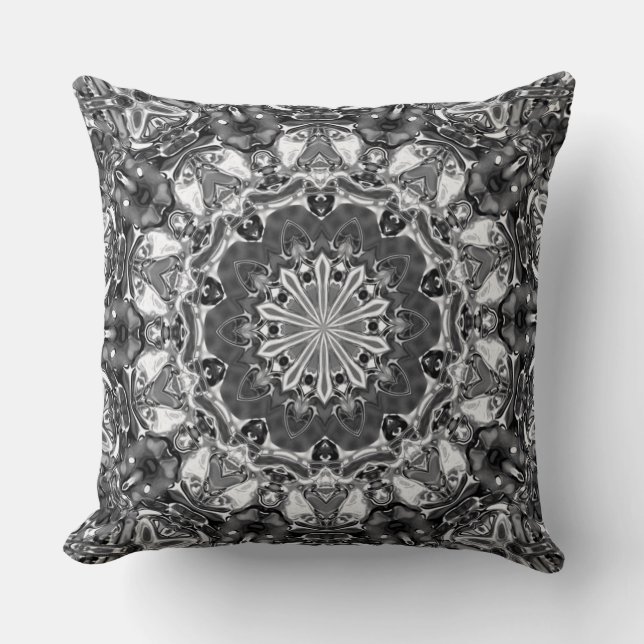 Ornate Silver Mandala Throw Pillow (Front)