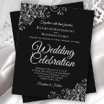 Ornate Silver on Black BUDGET Wedding Invitation<br><div class="desc">These affordable, budget friendly wedding invitations are the perfect choice for class, style, and beauty on a budget. The design features a classic black background with ornate silver gray curls and swirls in the corners. The typography includes fancy script lettering for a style that is at once simple and elegant....</div>