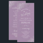 Ornate Silver on Lavender Simple Elegant Wedding Program<br><div class="desc">This beautiful wedding program features an elegant design with white text on a dusty purple or lavender background and lacy silver grey faux foil curls and swirls in the corners. The titles are written in fancy script calligraphy, and there is space for your ceremony and wedding party details, as well...</div>