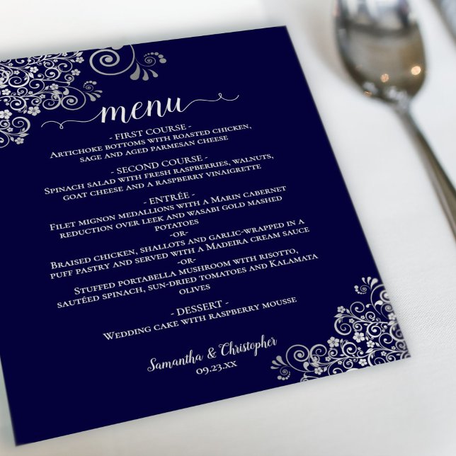 Ornate Silver on Navy Blue Budget Wedding Menu (Creator Uploaded)