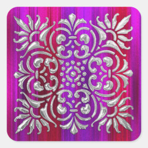 Ornate Silver Red and Purple Stripe Square Sticker