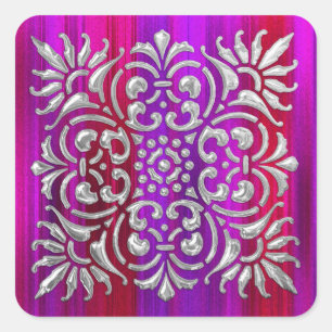 Ornate Silver Red and Purple Stripe Square Sticker