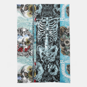 Ornate skull collage tea towel