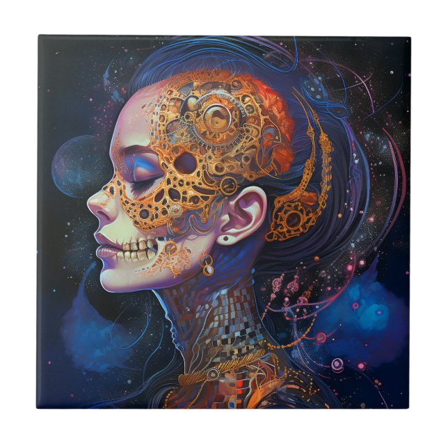 Ornate Skull Woman Surreal Art Ceramic Tile (Front)