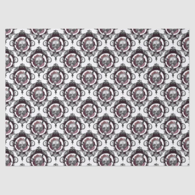 Ornate Skulls and Flowers on White Decoupage Tissue Paper (Front)