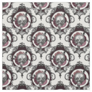 Ornate Skulls and Flowers on White Fabric
