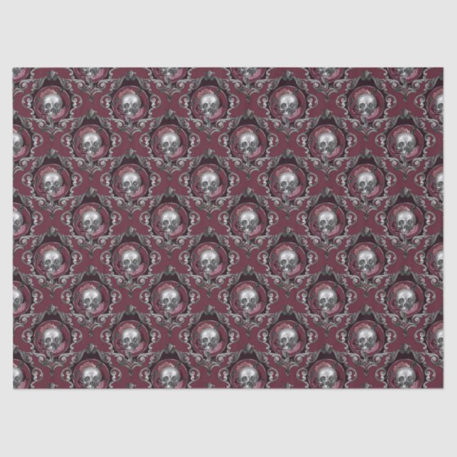 Ornate Skulls and Flowers on Wine Decoupage Tissue Paper (Front)