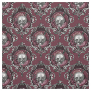 Ornate Skulls and Flowers on Wine Fabric