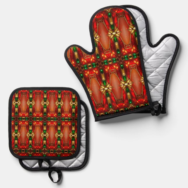 Ornate Stained Glass Oven Mitt & Pot Holder Set (Front/Back)