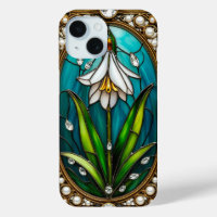 Ornate Stained Glass Panel with White Flower