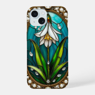 Ornate Stained Glass Panel with White Flower iPhone 15 Case