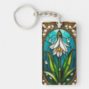 Ornate Stained Glass Panel with White Flower Key Ring