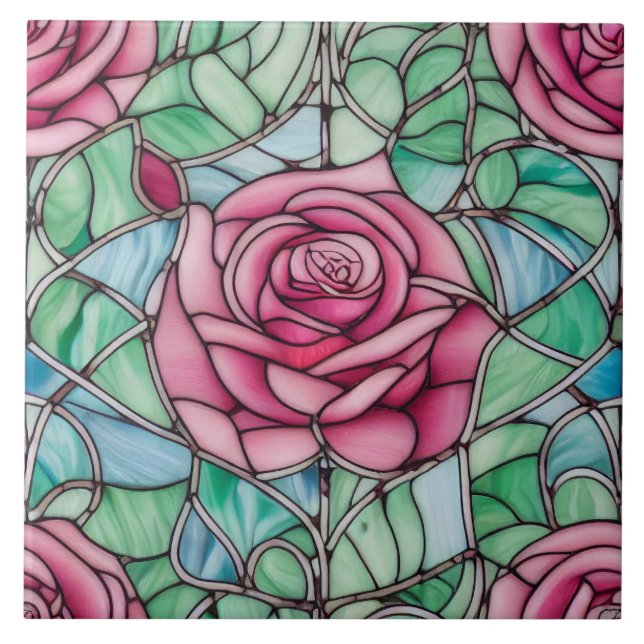 Ornate Stained Glass Style Rose Floral Ceramic Tile (Front)