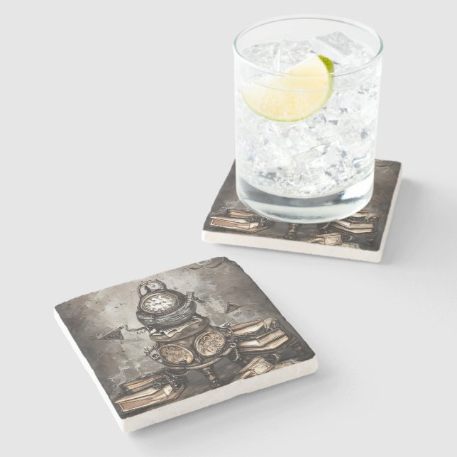 Ornate Steampunk Cauldron | Spellbooks and Clocks Stone Coaster (Side)