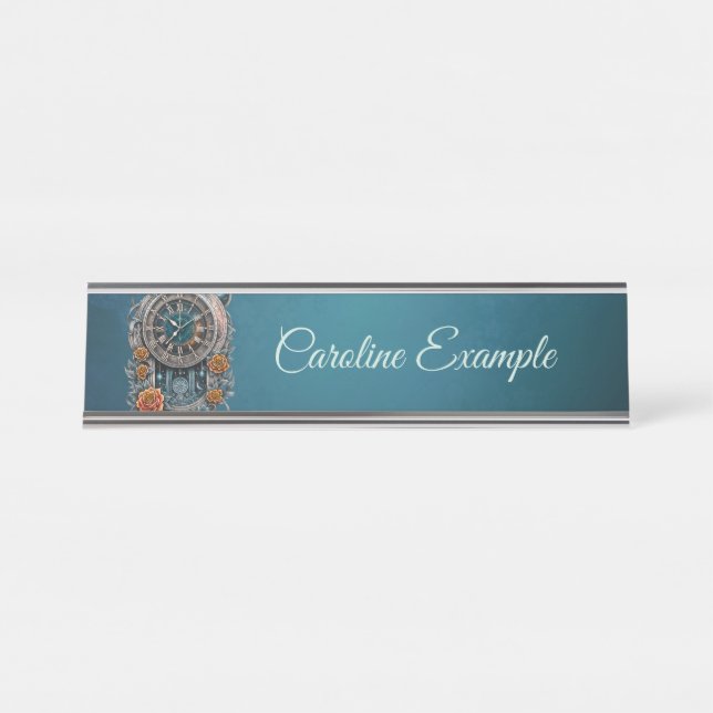Ornate Steampunk Clock with Roses.  Desk Name Plate (Front)