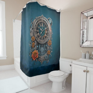 Ornate Steampunk Clock with Roses.  Shower Curtain