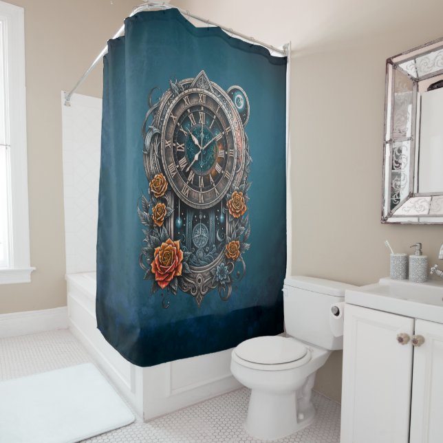 Ornate Steampunk Clock with Roses.  Shower Curtain (In Situ)