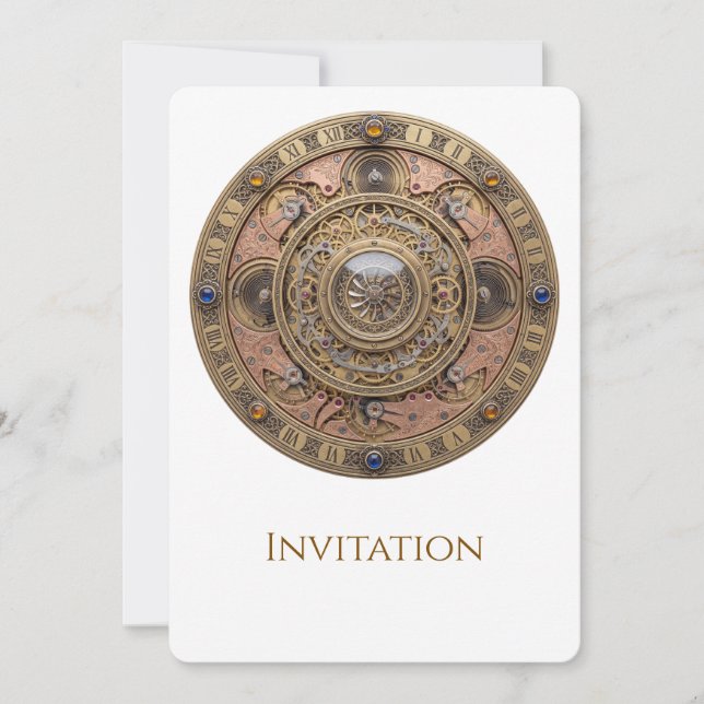 Ornate Steampunk Clockwork Mandala with Brass Gear Invitation (Front)