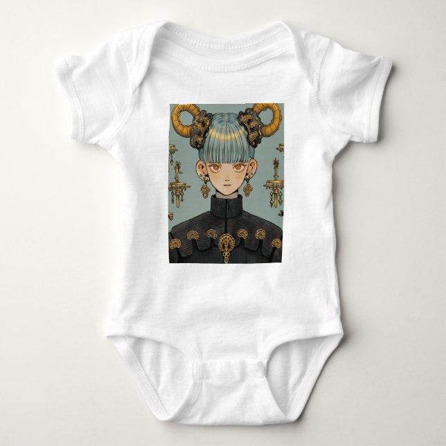 Ornate Steampunk Fantasy Anime Girl Baby Bodysuit (Front)