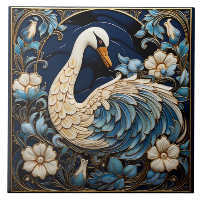 Ornate Swan, Blue and White, Bird & Flowers Ceramic Tile (Front)