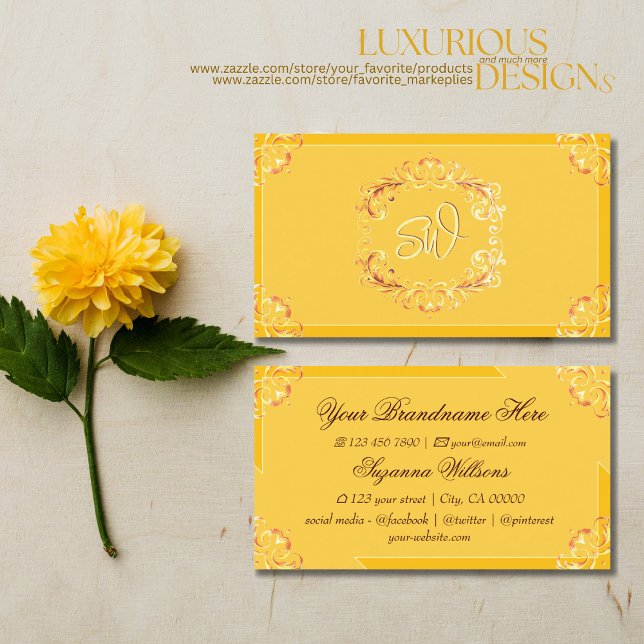 Ornate Tangerine Orange with Monogram Inspiration Business Card (Creator Uploaded)