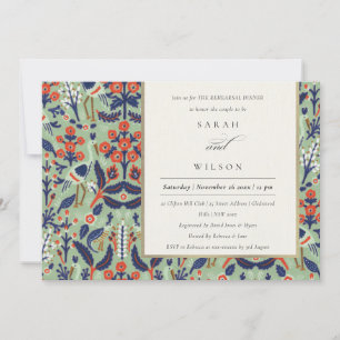 Ornate Teal Floral Bird Rehearsal Dinner Invite