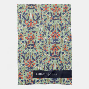Ornate Teal Navy Classy Floral Peacock Pattern Tea Towel