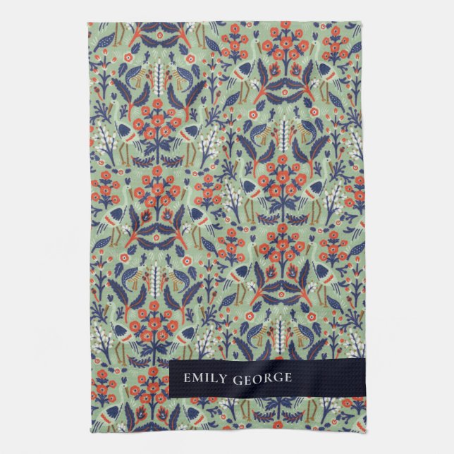 Ornate Teal Navy Classy Floral Peacock Pattern Tea Towel (Vertical)