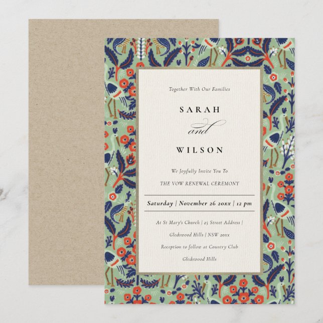 Ornate Teal Navy Classy Floral Peacock Vow Renewal Invitation (Front/Back)