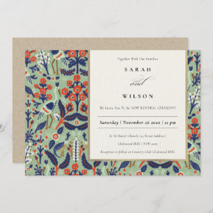 Ornate Teal Navy Classy Floral Peacock Vow Renewal Invitation
