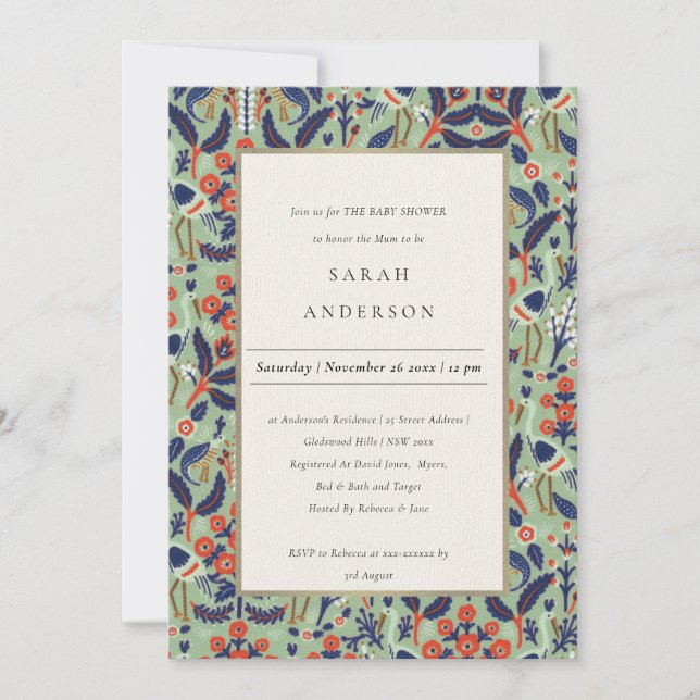Ornate Teal Navy Floral Peacock Baby Shower Invite (Front)