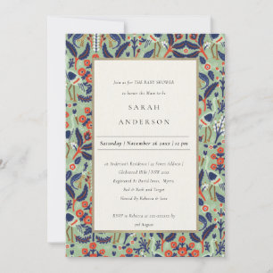 Ornate Teal Navy Floral Peacock Baby Shower Invite