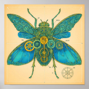 Ornate Technical Diagram: Steampunk Insect Poster