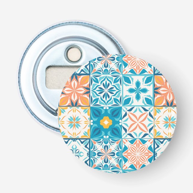 Ornate tiles in blue and orange bottle opener (Front)