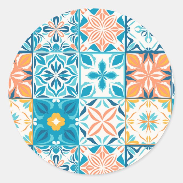 Ornate tiles in blue and orange classic round sticker (Front)