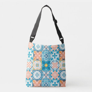 Ornate tiles in blue and orange crossbody bag